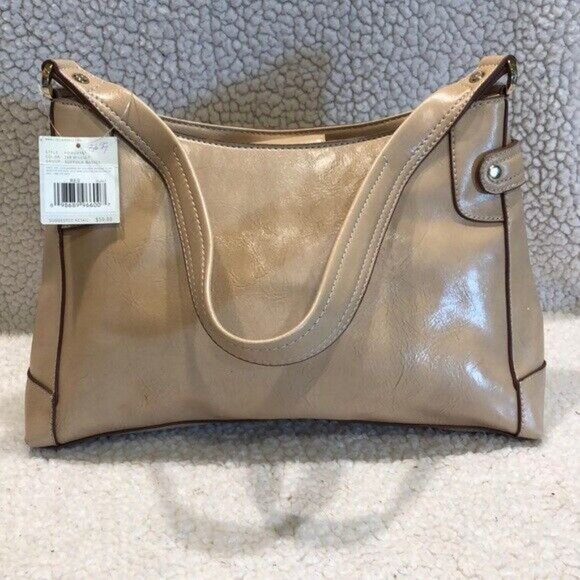 NWT Beige Leather Shoulder Bag Front Buckle Detail Multiple Compartments - Picture 3 of 10